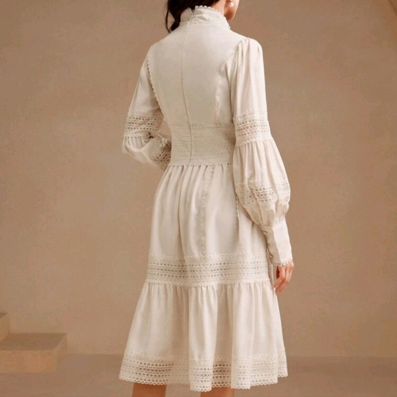 Elegant French Palace Style Lantern Sleeve Patchwork Waist Cinched Dress - Picture 3 of 5